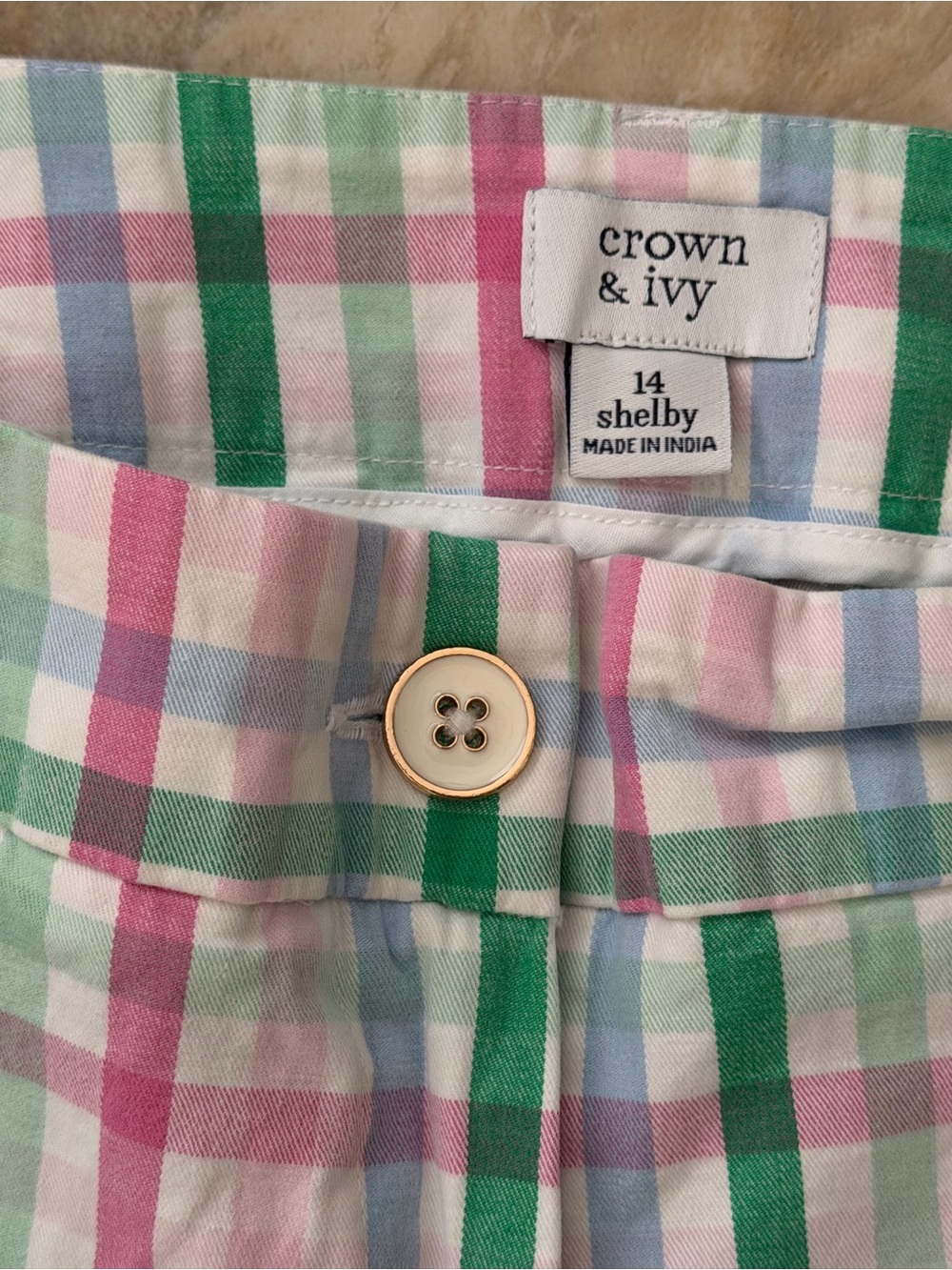 crown & ivy Pastel Plaid Scalloped Hem Shorts - Pink, Green & Blue - Picture 2 of 5